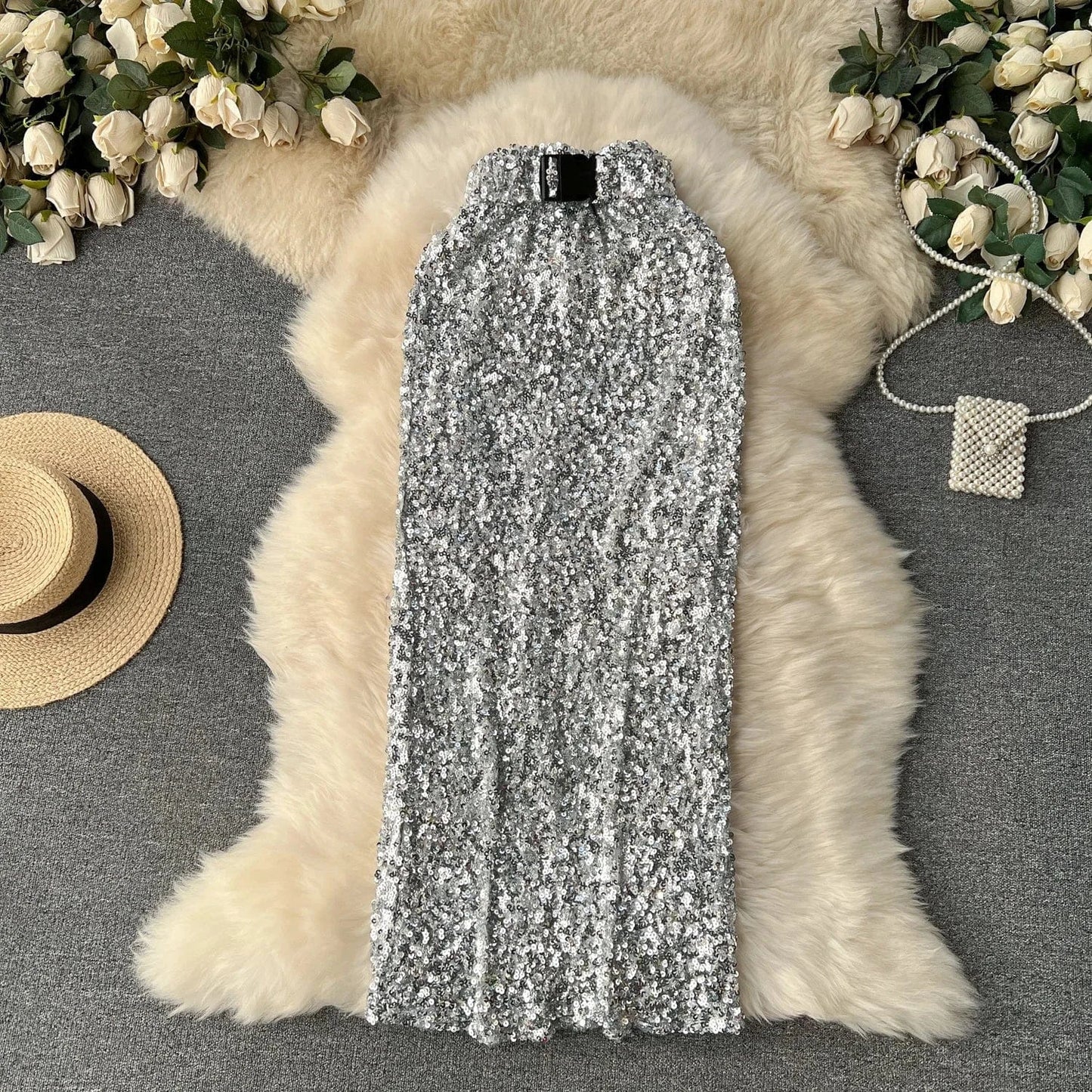 Royal Sister Wears Women's Instagram High Quality Shining Skirt with Belt Slim Fit Full Length One Step Skirt
