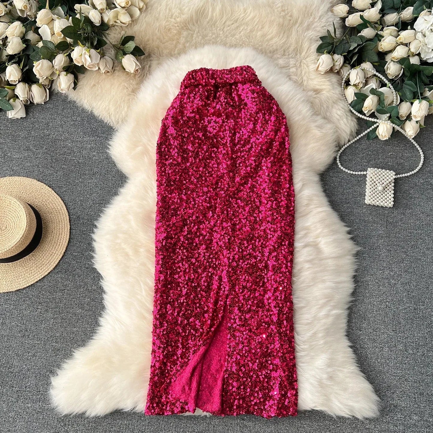 Royal Sister Wears Women's Instagram High Quality Shining Skirt with Belt Slim Fit Full Length One Step Skirt