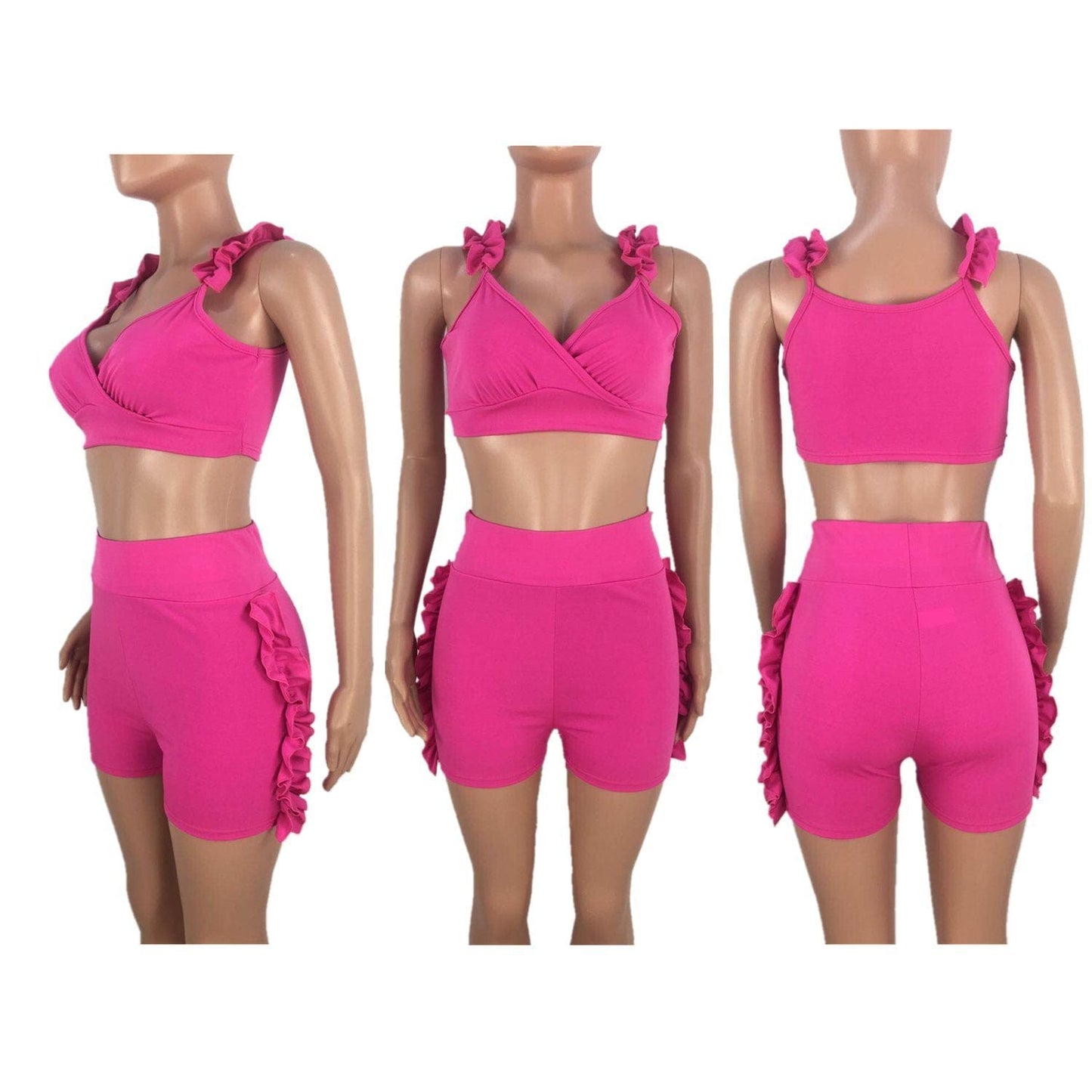 Ruffle Solid Women Two 2 Piece Set Outfit Casual Active Tracksuit Crop Tank Top and Shorts Matching Set