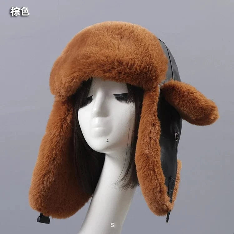 Russia Solid Color High Quality Style Faux Rabbit Fur Warm Hats With Leather For Women Winter Fur Hat
