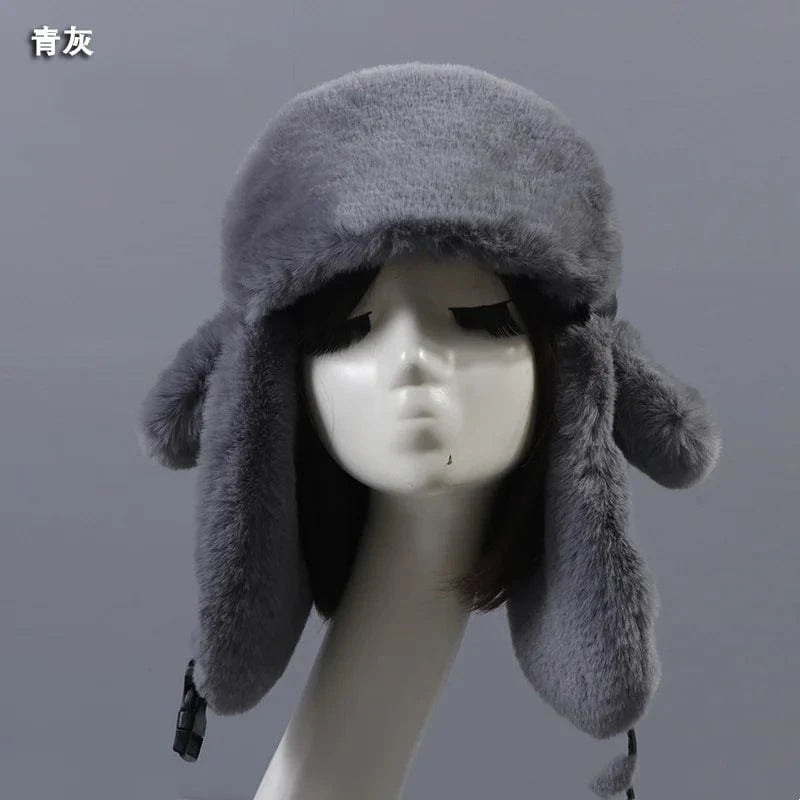 Russia Solid Color High Quality Style Faux Rabbit Fur Warm Hats With Leather For Women Winter Fur Hat