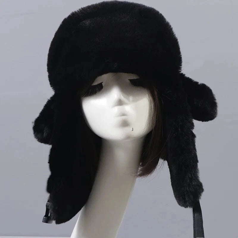 Russia Solid Color High Quality Style Faux Rabbit Fur Warm Hats With Leather For Women Winter Fur Hat