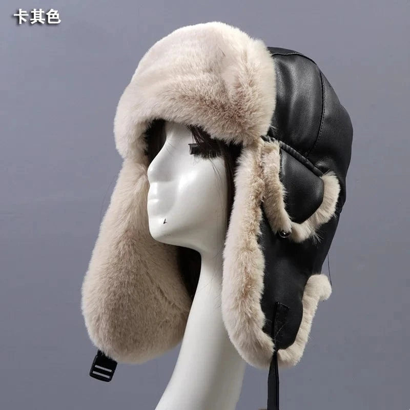 Russia Solid Color High Quality Style Faux Rabbit Fur Warm Hats With Leather For Women Winter Fur Hat