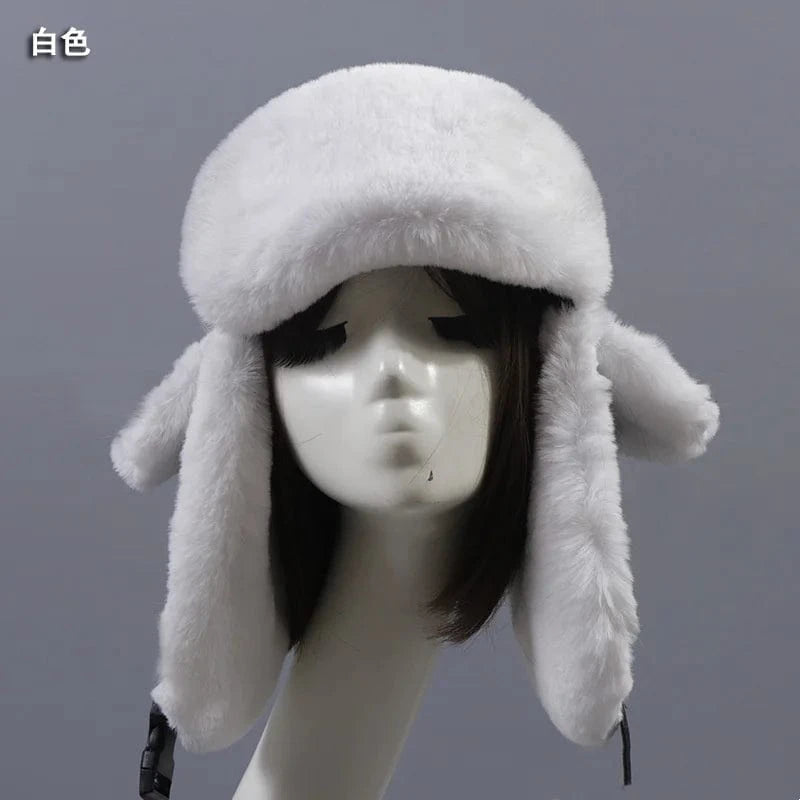 Russia Solid Color High Quality Style Faux Rabbit Fur Warm Hats With Leather For Women Winter Fur Hat