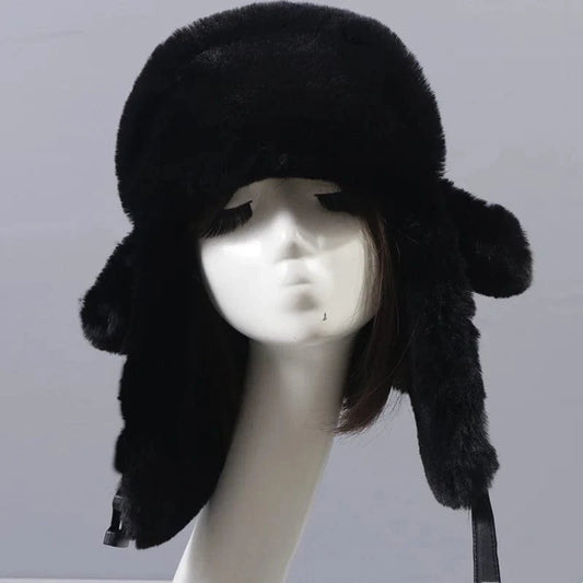 Russia Solid Color High Quality  Style Faux Rabbit Fur Warm Hats With Leather For Women Winter Fur Hat