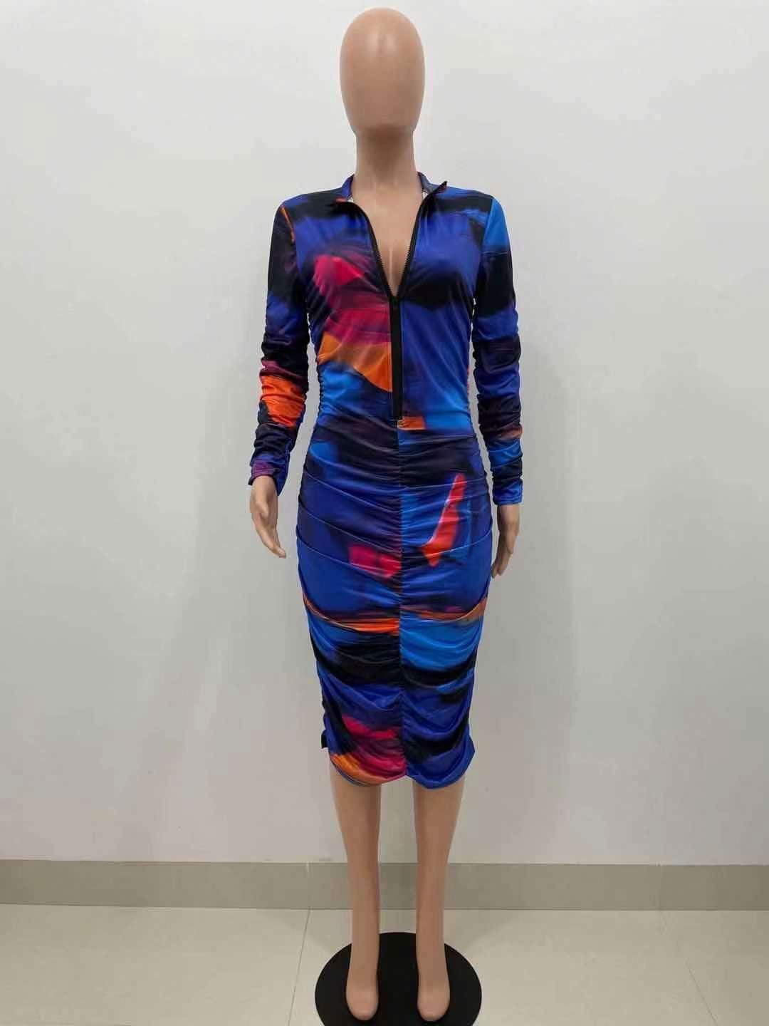 RX-8335 Hot selling zip up digital printed dress causal long sleeve bodycon dresses pleated woman fall dress