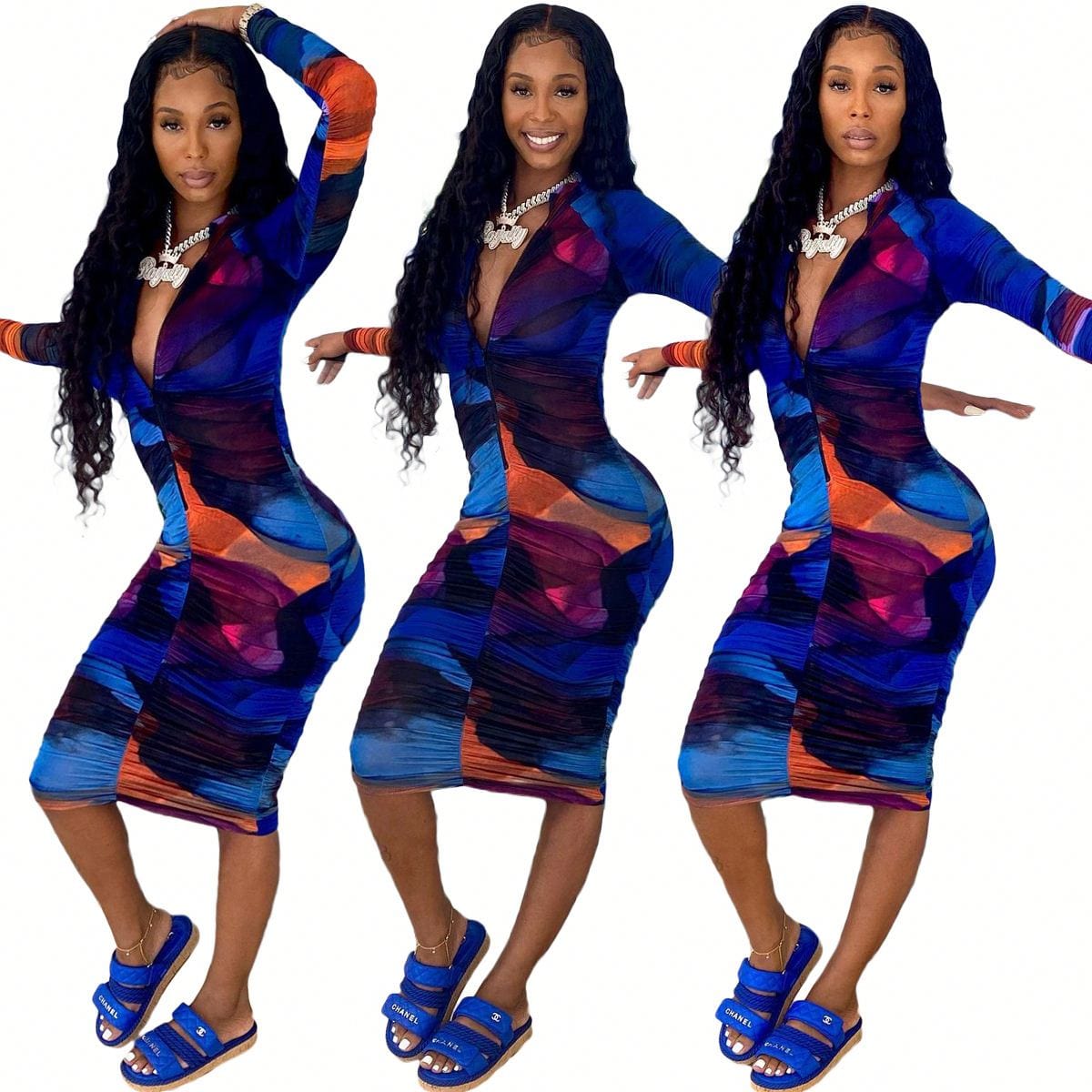 RX-8335 Hot selling zip up digital printed dress causal long sleeve bodycon dresses pleated woman fall dress