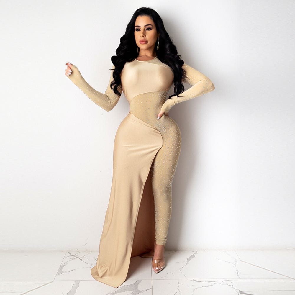 RX-CY8832 Best selling spring solid long sleeve diamond dress pants one piece women long dress