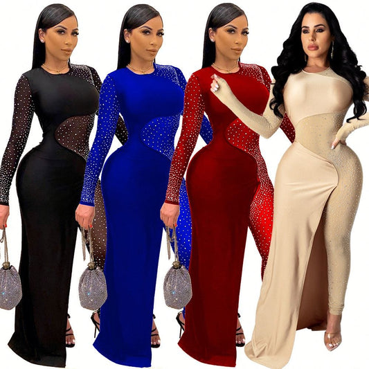 RX-CY8832 Best selling spring solid long sleeve diamond dress pants one piece women long dress