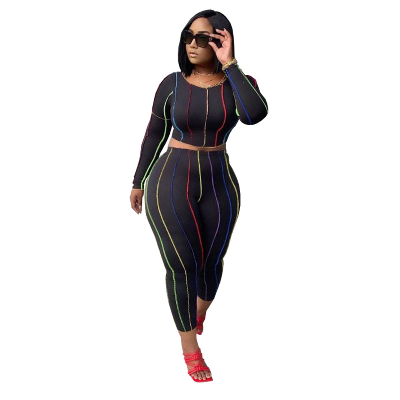 S / #01 2 Piece Outfits for Women Sexy Bodycon Long Sleeve Crop Tops Stripe Long Pants Sets Print Tracksuits Jumpsuits