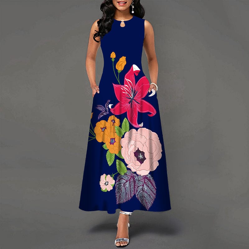 S / #01 Dropshipping Wholesale elegantes most popular women casual sleeveless dress ladies digital printing long dress