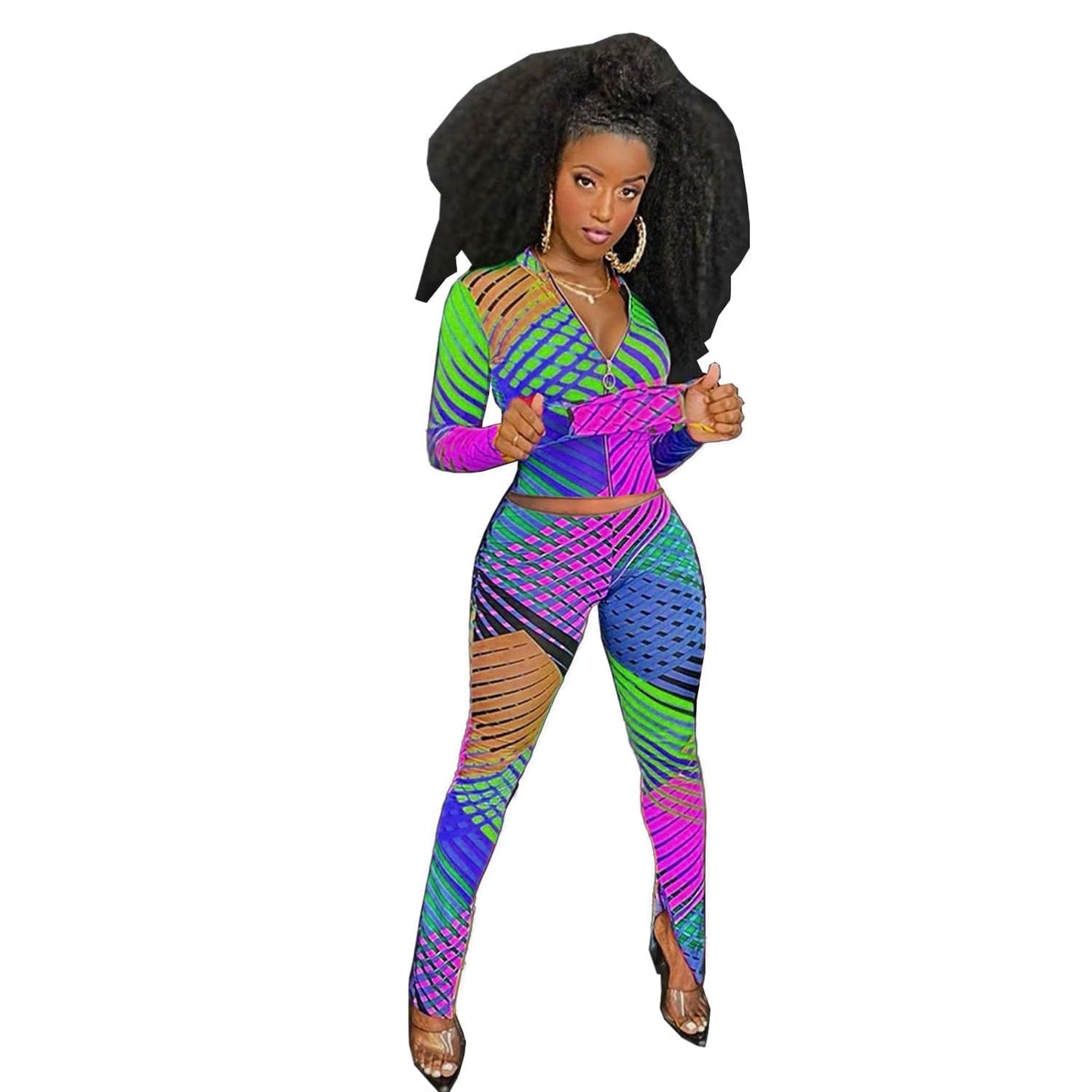 S / #02 2 Piece Outfits for Women Tracksuits Sweatsuits Set Long Sleeve Crop Tops Jackets and Flared Long Pant Sets