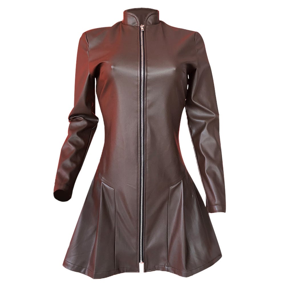 S / 1 Autumn and winter new women's solid color slim sexy zipper pleated leather dress for women
