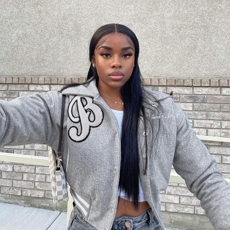 S / #1-grey 2022 Fashion towel embroidered letter printed baseball jacket autumn comfortable varsiti jacket casual sports jackets for women