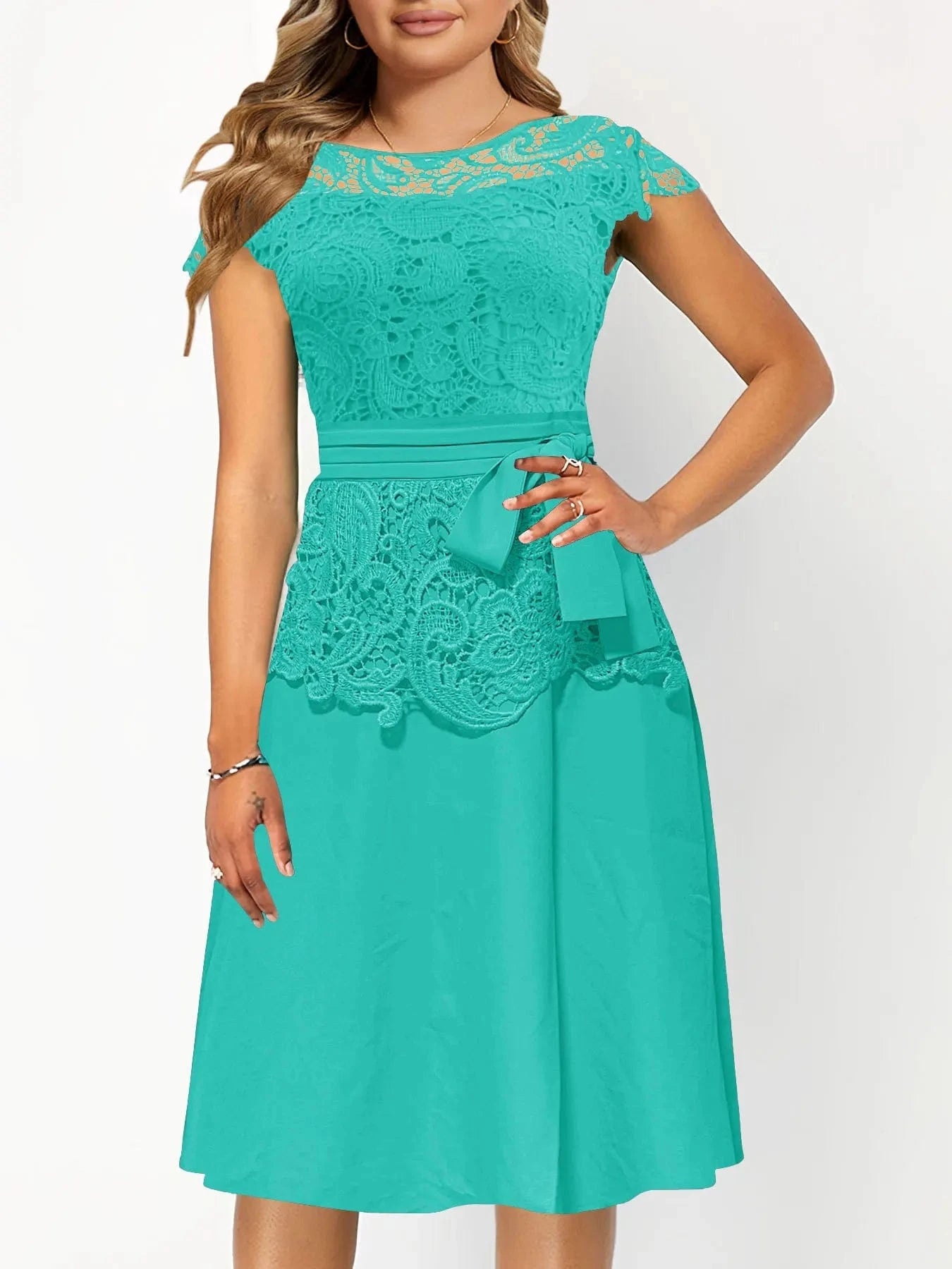 S / 1 Hot Selling New Summer Plus Size Dress Fashion Lace Stitching Round Neck High Waist Swing Slim Dress