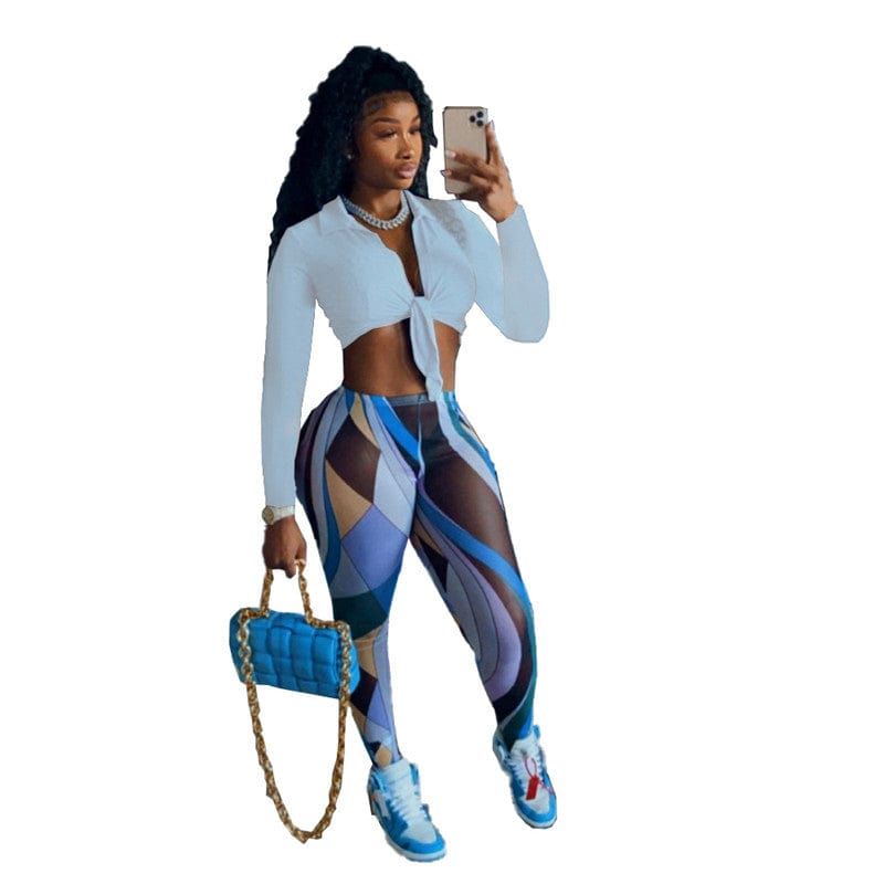 S / #1-white 2022 Fall long sleeve crop top two piece pants set fashion printed women leggings and top set
