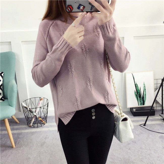S / 2 Hot Sale Korean Style High Neck Leaf Print Woman Cashmere Sweater