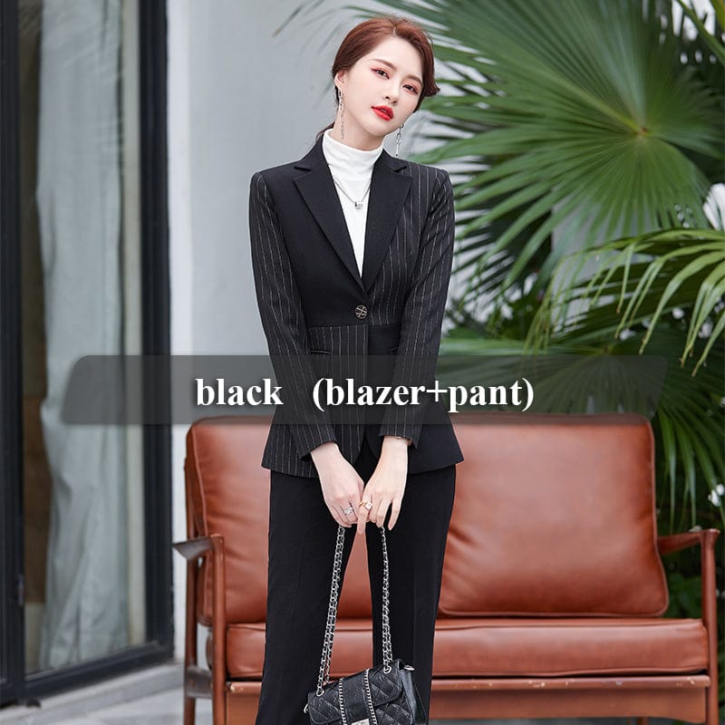 S / 2 Piece black pant Suit OEM High-Quality 2 Piece Set Stripes Formal Pant Suit Blazer with Pockets Office Lady Designs Women Jacket and Trousers