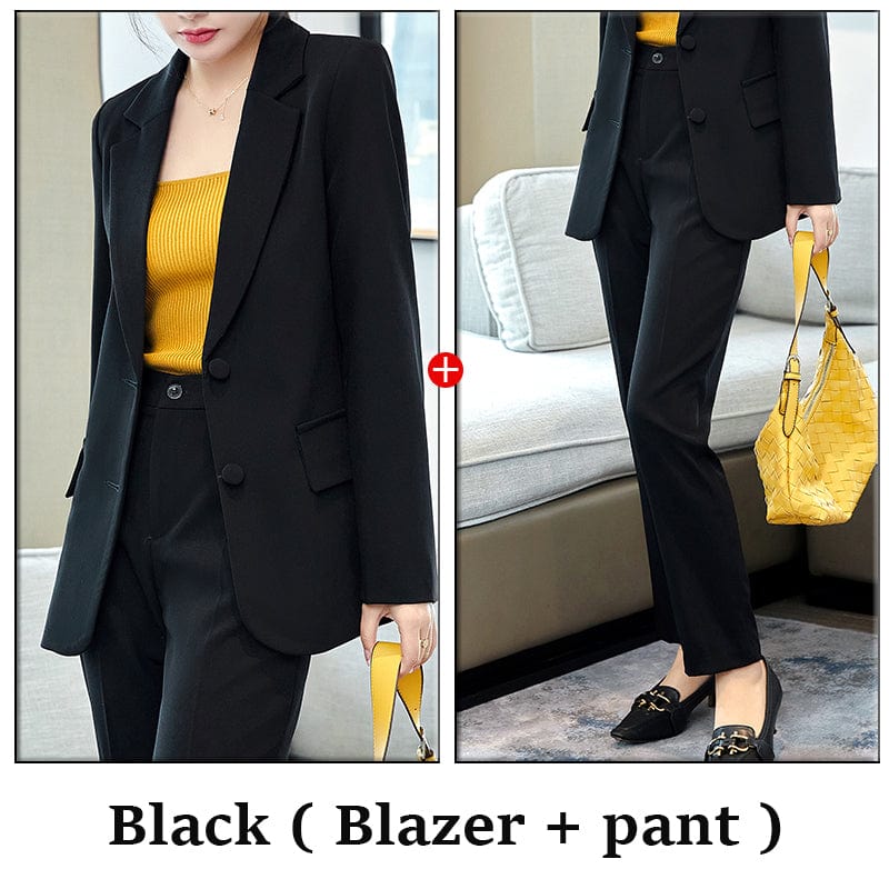 S / 2 piece Black pant suit Wholesaler 2 Pieces Suit Set Formal Pant Suit Uniform Designs for Women Business Office Lady Fashion Blazer Work Wear Suits