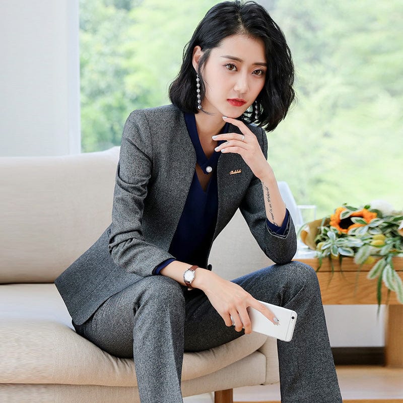 S / 2 Piece Gray Pants Suits China Factory Direct Sell 2 Piece Set Professional work Pant suit formal long sleeve Keep Slim blazer for office lady women wear