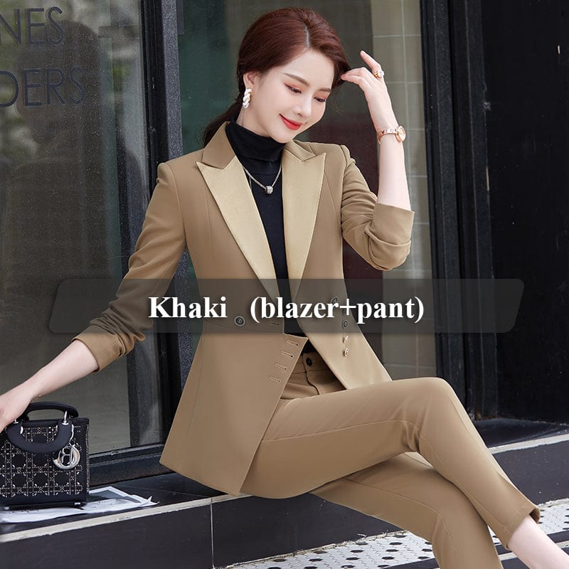 S / 2 Piece khaki Suit Wholesale Dropship OEM OL Office Lady Female Notched Collar Slim Blazer Jackets Pants 2 Pieces Set Women's Formal Pants Suits