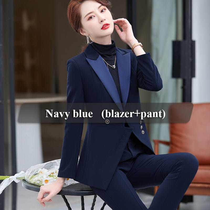 S / 2 piece Navy blue Suit Wholesale Dropship OEM OL Office Lady Female Notched Collar Slim Blazer Jackets Pants 2 Pieces Set Women's Formal Pants Suits