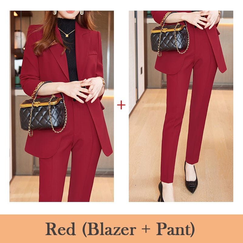 S / 2 Piece Red Pant Suit Wholesale High-quality 2 Piece Pant Suit Set Women Business Office Lady Work Wear Clothes Elegant Blazer Fashion Outfit Suits