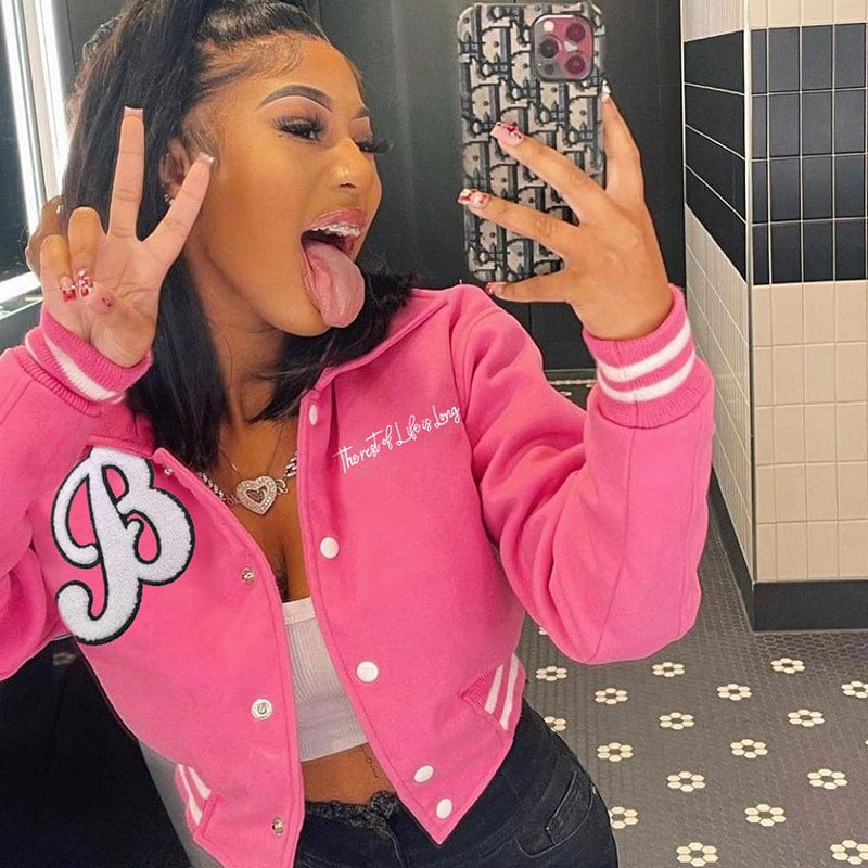 S / #2-pink 2022 Fashion towel embroidered letter printed baseball jacket autumn comfortable varsiti jacket casual sports jackets for women