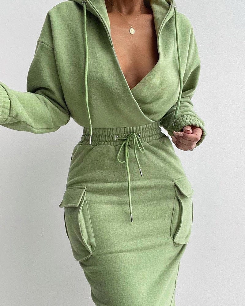 S / 3 LW 2022 summer solid color slim fitted 2 piece long sleeve deep v pullover hoodie and dresses set clothing skirt two piece set