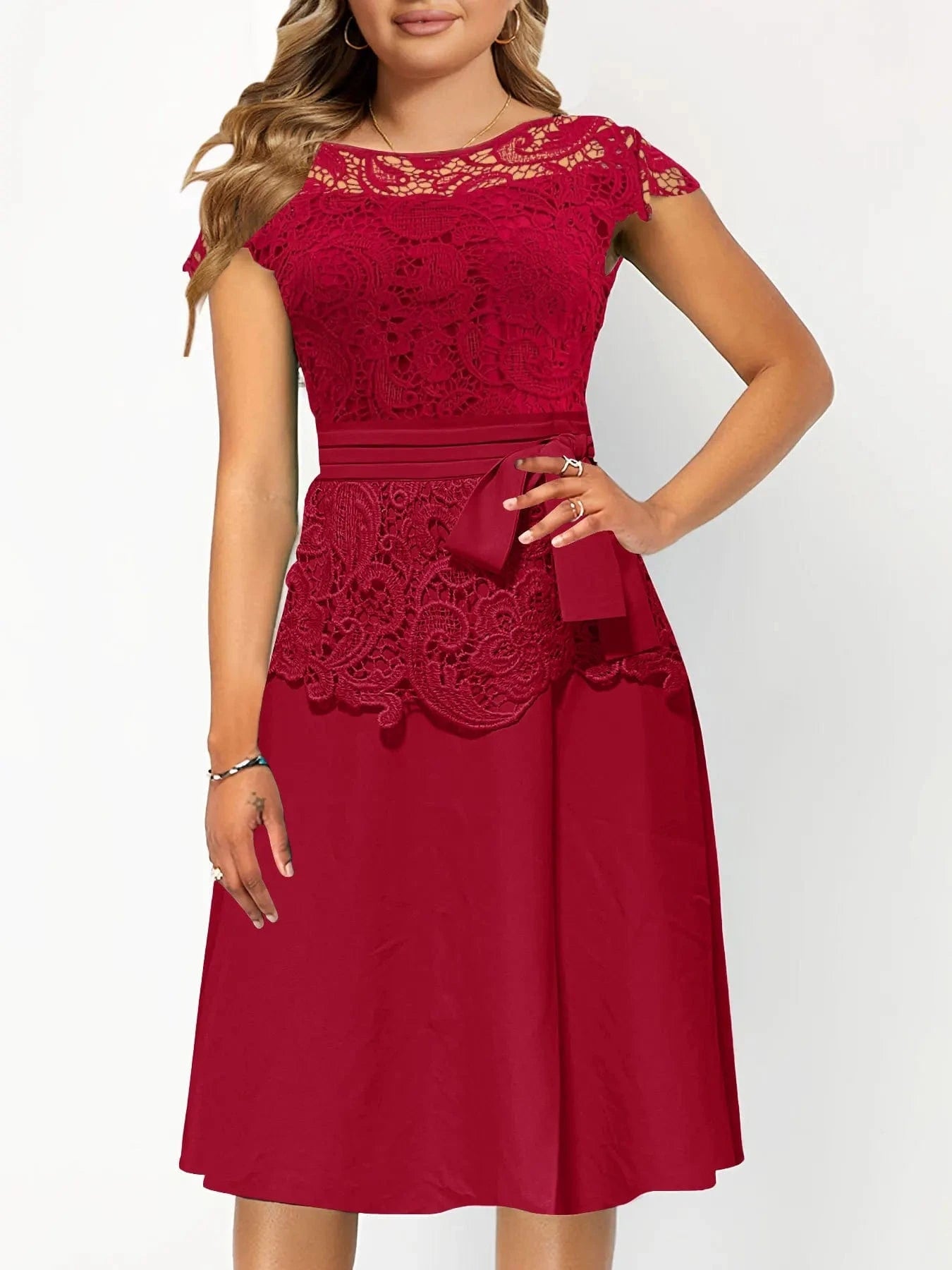 S / 5 Hot Selling New Summer Plus Size Dress Fashion Lace Stitching Round Neck High Waist Swing Slim Dress