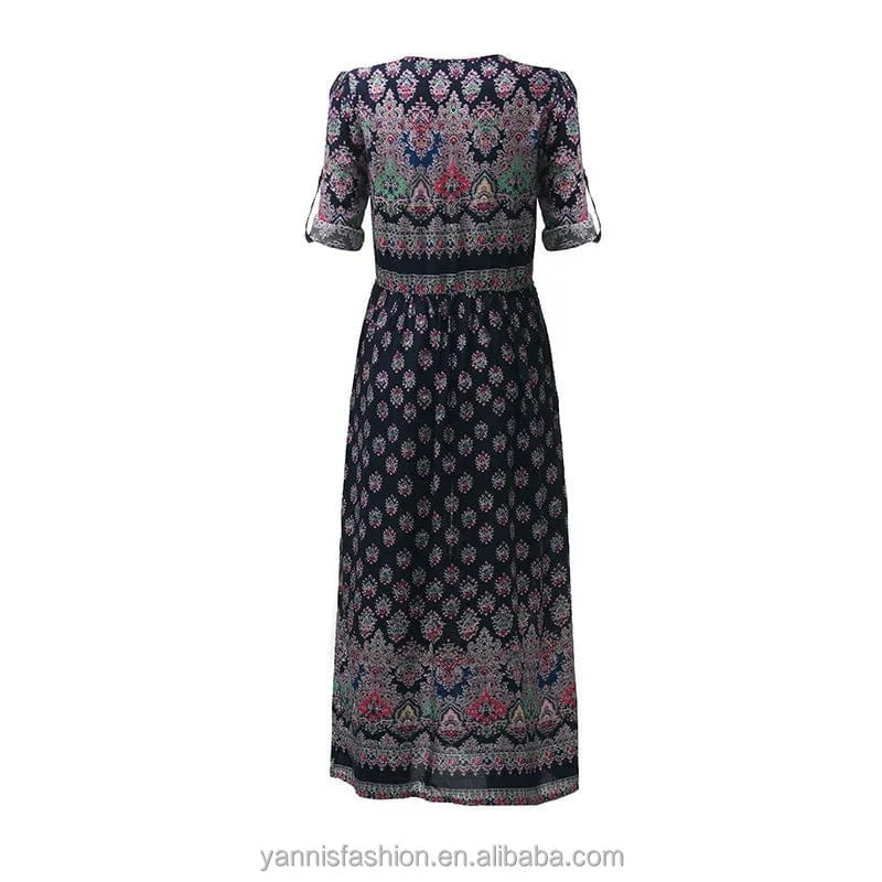 S-5XL Bohemian Floral Women Beach Summer Maxi Dress Plus Size Sexy V-neck Casual Dress Holiday Chiffon Party Long Dresses