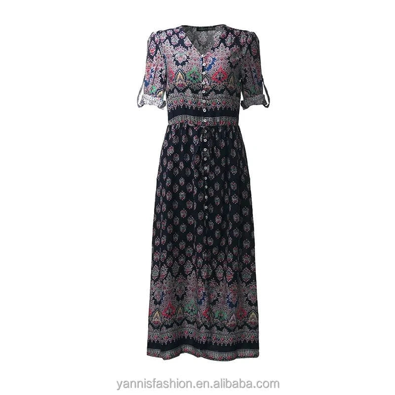 S-5XL Bohemian Floral Women Beach Summer Maxi Dress Plus Size Sexy V-neck Casual Dress Holiday Chiffon Party Long Dresses