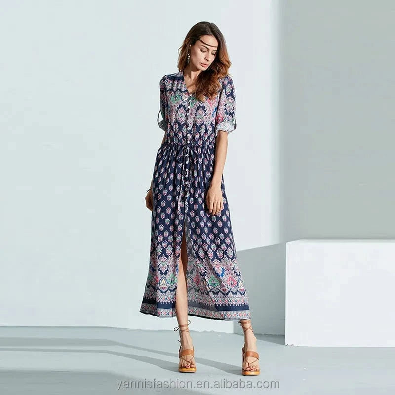 S-5XL Bohemian Floral Women Beach Summer Maxi Dress Plus Size Sexy V-neck Casual Dress Holiday Chiffon Party Long Dresses