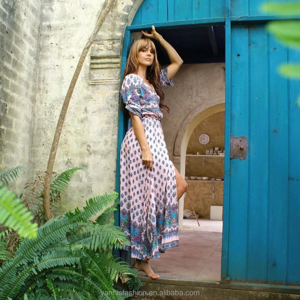 S-5XL Bohemian Floral Women Beach Summer Maxi Dress Plus Size Sexy V-neck Casual Dress Holiday Chiffon Party Long Dresses
