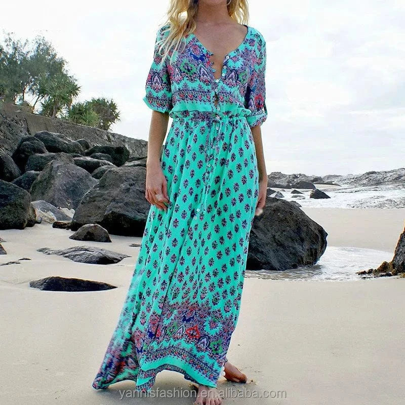S-5XL Bohemian Floral Women Beach Summer Maxi Dress Plus Size Sexy V-neck Casual Dress Holiday Chiffon Party Long Dresses