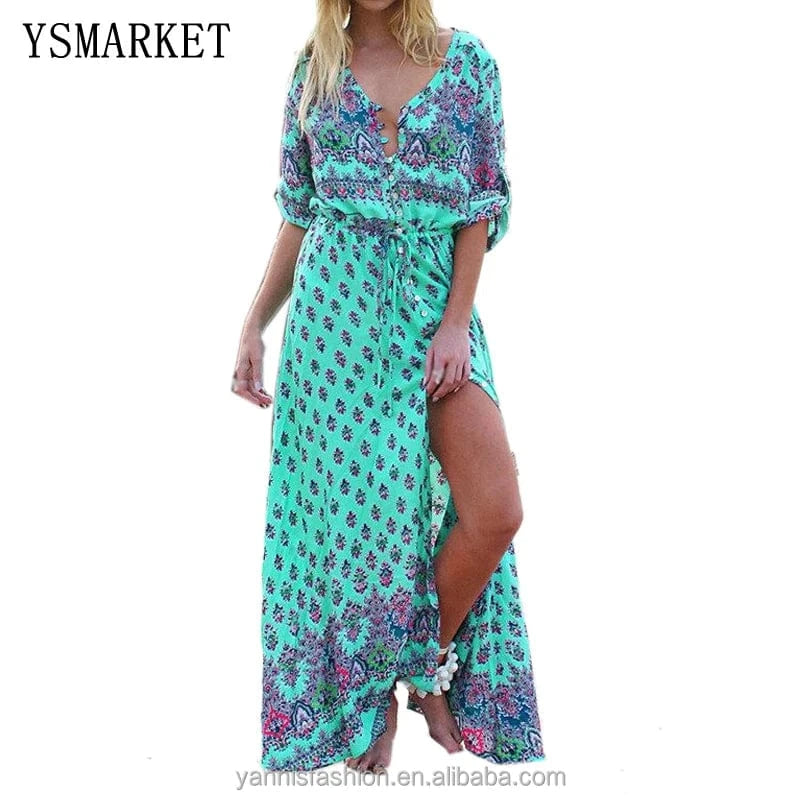 S-5XL Bohemian Floral Women Beach Summer Maxi Dress Plus Size Sexy V-neck Casual Dress Holiday Chiffon Party Long Dresses