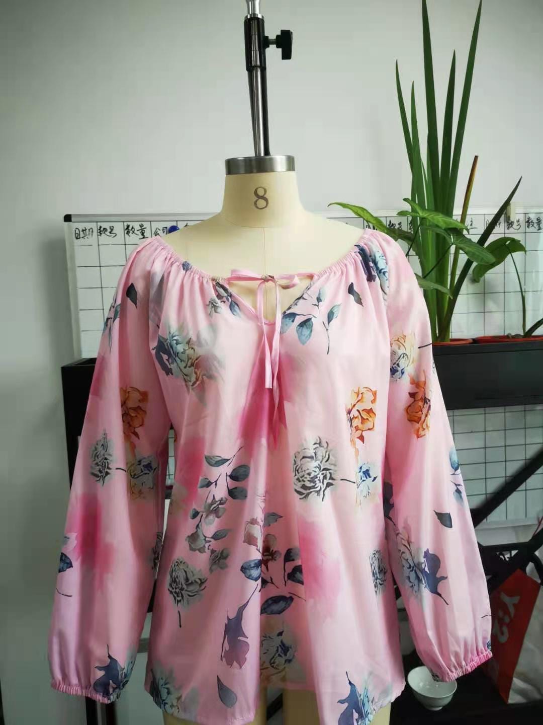 S-5XL Summer Women's Fashion Plus Size Long Sleeve Crew Neck Floral Print Chiffon Shirt blouse