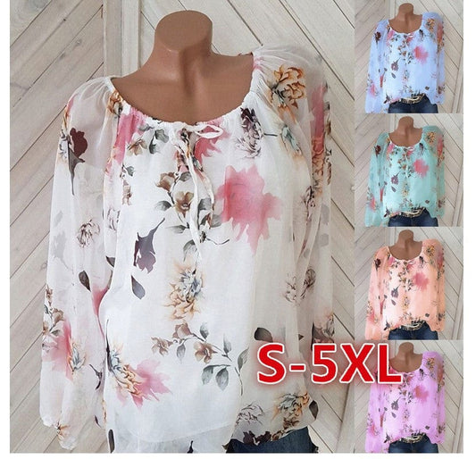 S-5XL Summer Women's Fashion Plus Size Long Sleeve Crew Neck Floral Print Chiffon Shirt blouse