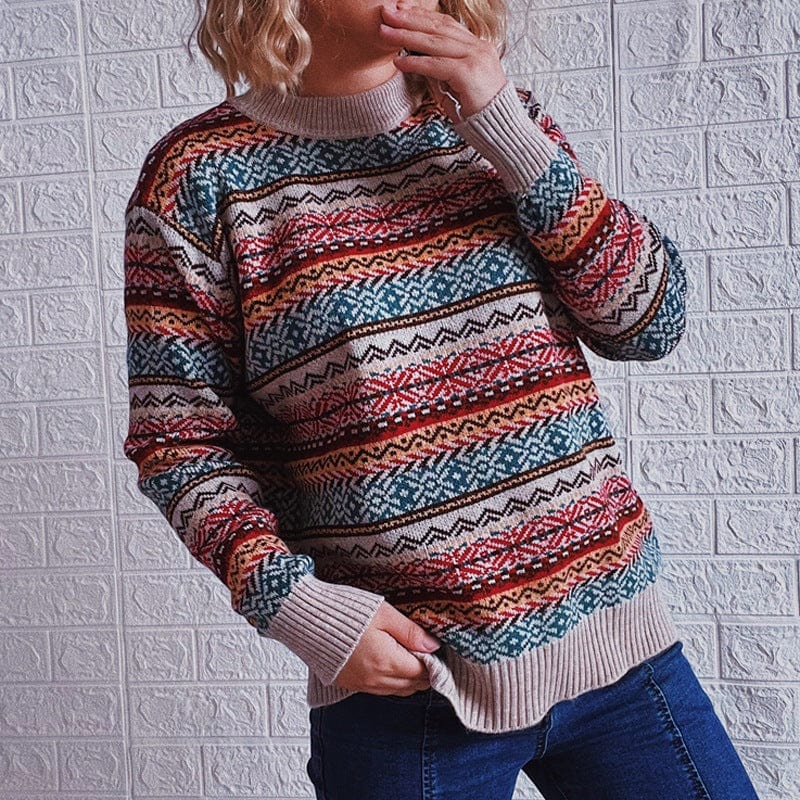 S / Apricot 2022 Autumn And Winter New Ethnic Style Vintage Stripe Knitted Round Neck Long Sleeve Pullover Sweater For Women