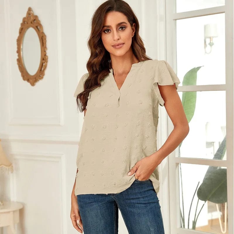 S / Apricot European and American Women's clothing 2023 Summer new V-neck Pleated lotus Leaf sleeve Fur ball top Chiffon shirt