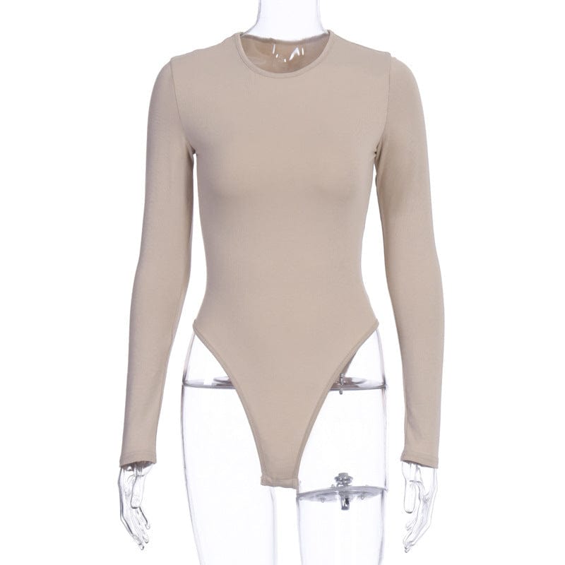 S / Apricot High Quality Long Sleeved Woman Bodysuits Solid Color Custom Bodysuit Tops Polyester O Neck Bodysuits For Women