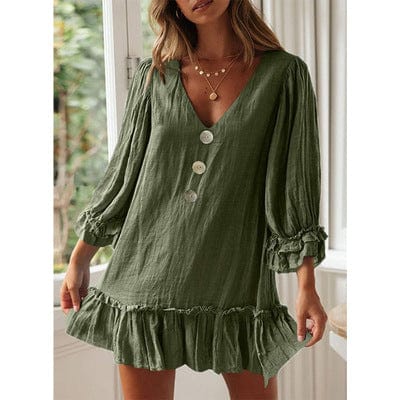 S / Army Green Hot Sale Women's Loose Long Sleeve Dress Ladies Ruffle Hem Dresses A-line Dress For Women