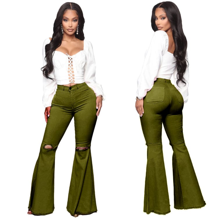 S / Army Green Plus Size Jeans Woman High Waist 2023 New Denim Trousers Water Wash Versatile Women's Denim Flare Pants Lady Bell Bottom Jeans