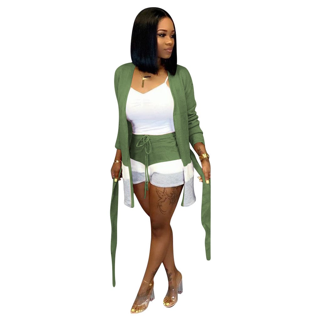 S / Army Green Womens Sets Sweater Two Piece Short Pants Set Casual Three Tone Stripe Print Belted 2pc Outfits with Long Sleeve Cardigan