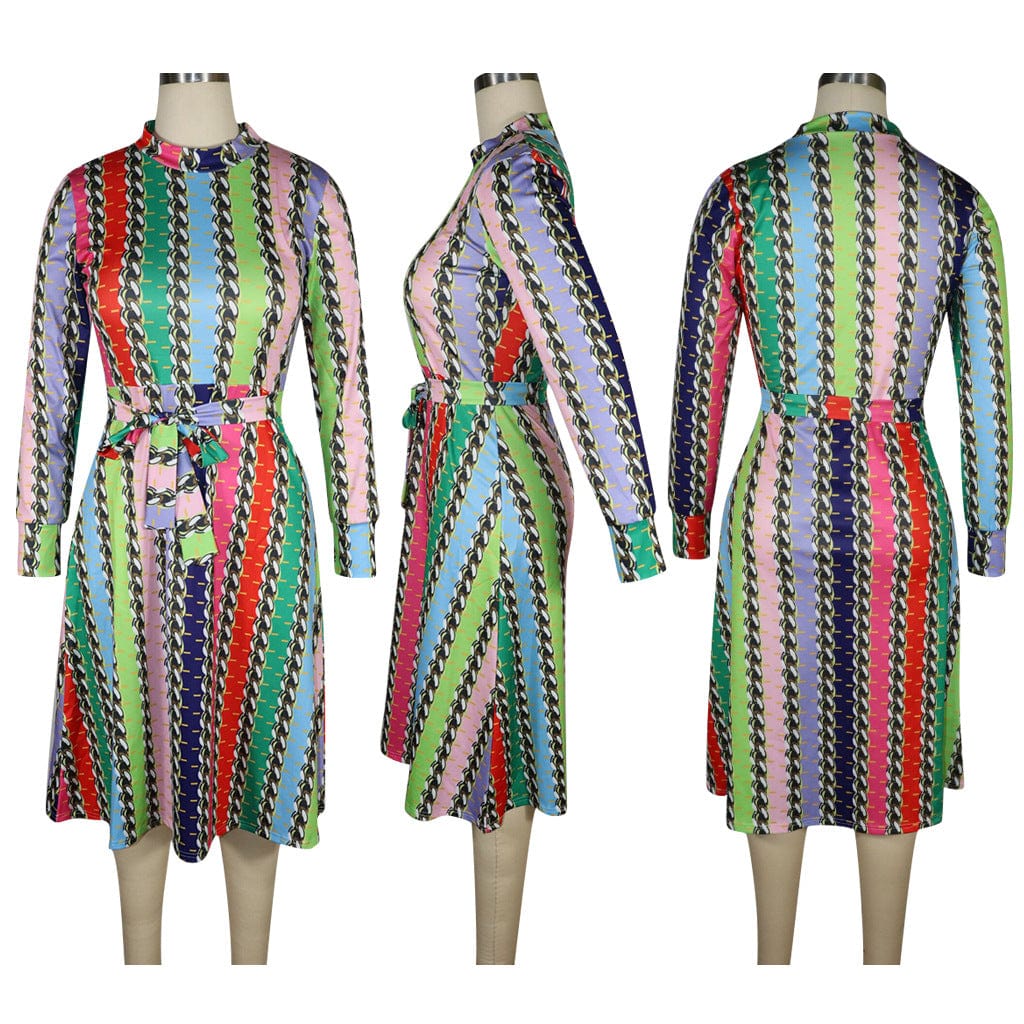 S / As Photo Fashion Printed Waist Belt Rainbow Color Pleated Office Career Women Dress