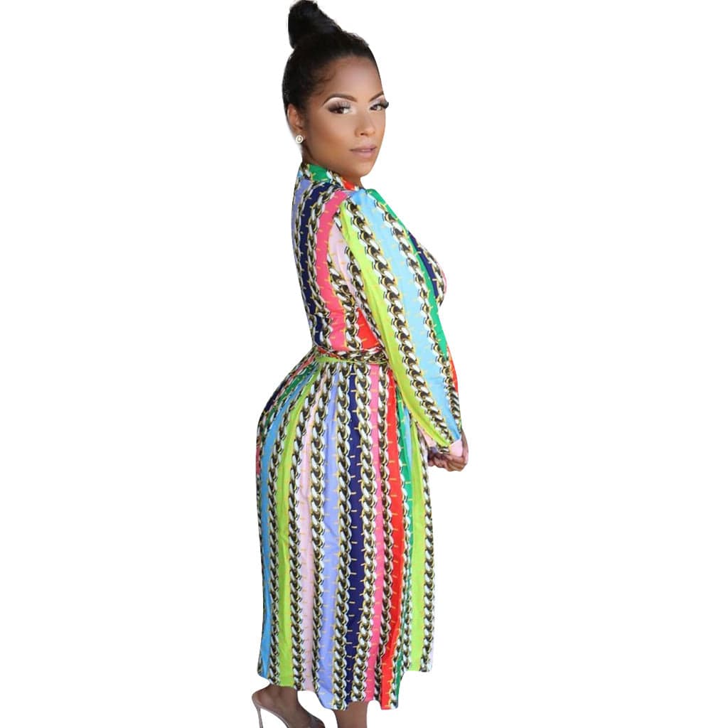 S / As Photo Fashion Printed Waist Belt Rainbow Color Pleated Office Career Women Dress