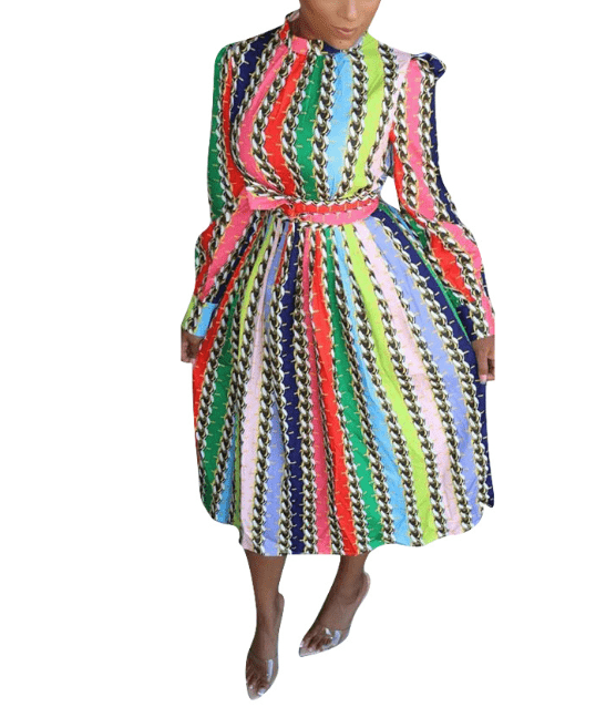 S / As Photo Fashion Printed Waist Belt Rainbow Color Pleated Office Career Women Dress