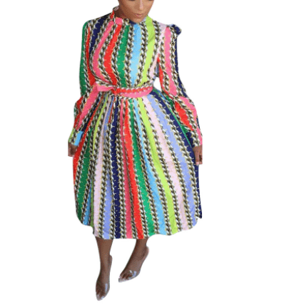 S / As Photo Fashion Printed Waist Belt Rainbow Color Pleated Office Career Women Dress