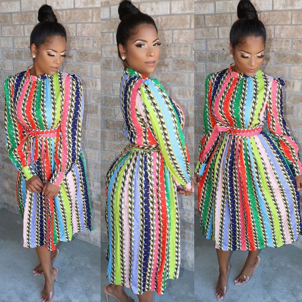 S / As Photo Fashion Printed Waist Belt Rainbow Color Pleated Office Career Women Dress