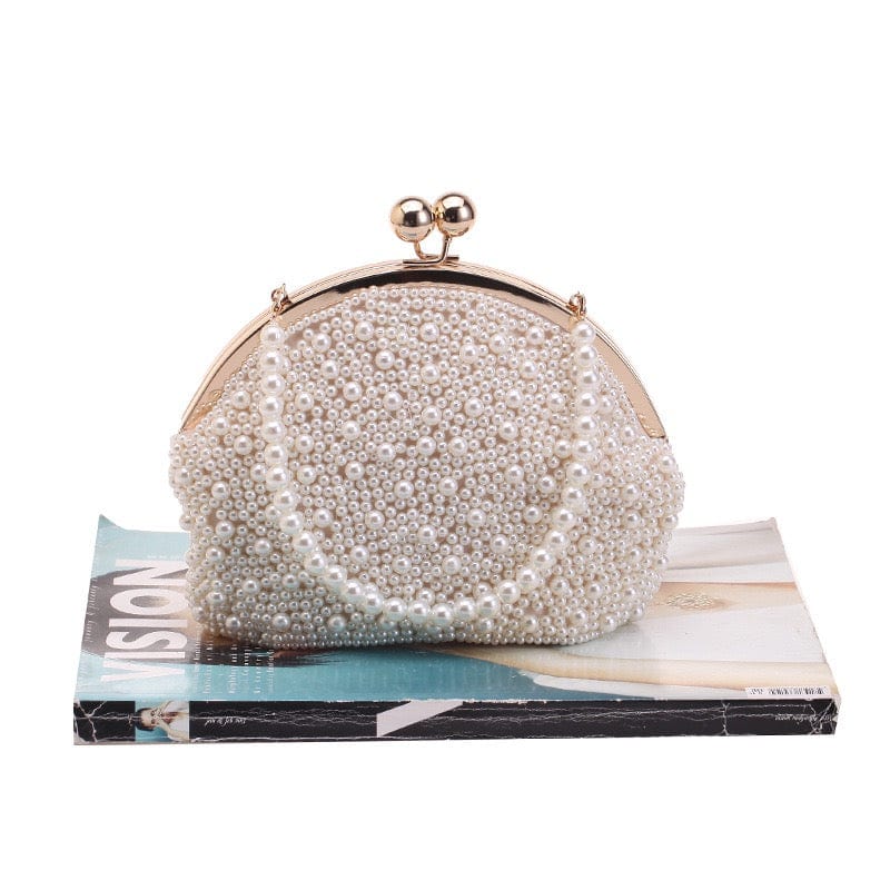 S / Beige Beaded Clutch Bag New Simple Fashion Pearl Banquet Evening Hand Bag with Pearl Chain Dinner Party Bag Women